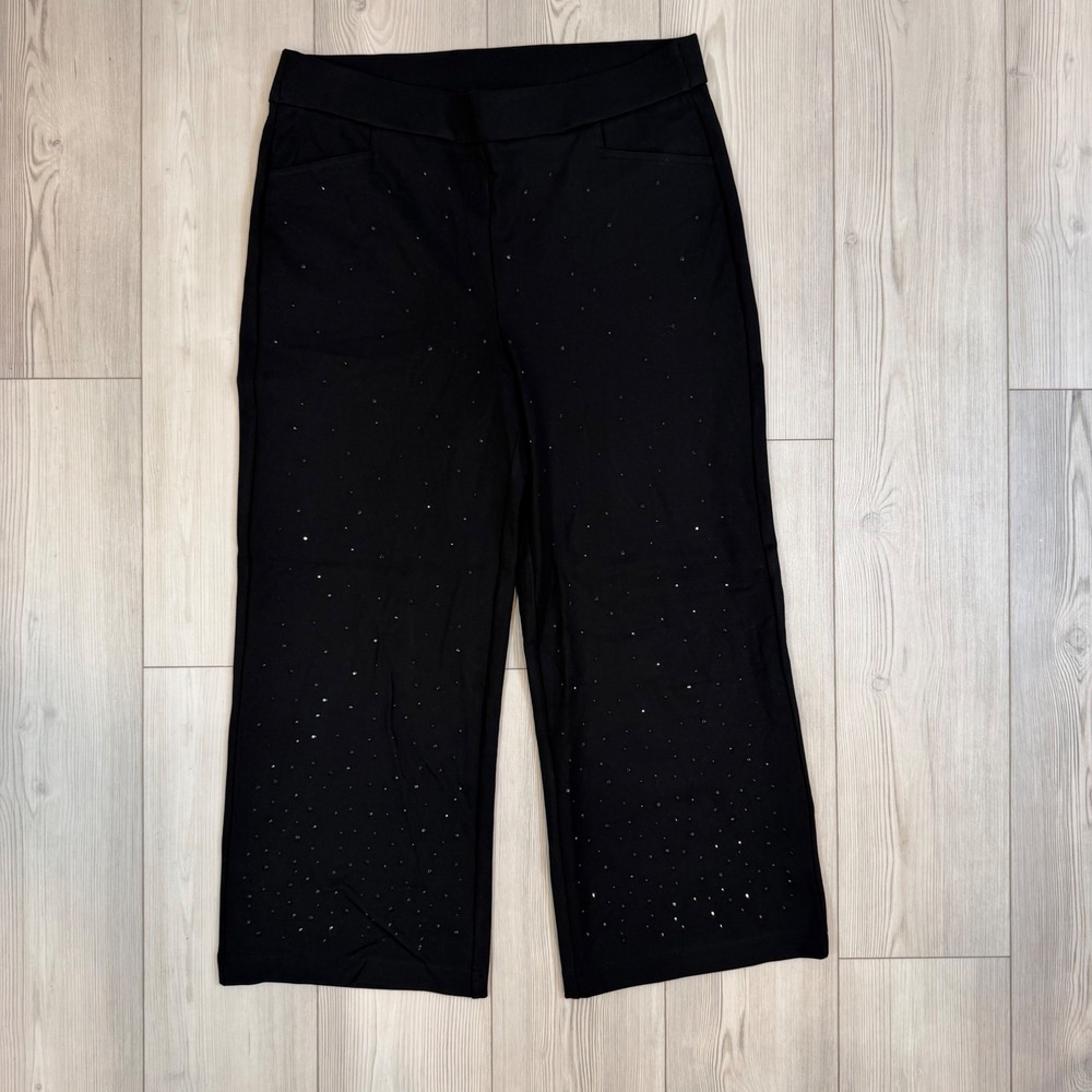 Chicos Black Rhinestone Studded Wide Leg Pull On Pants Size 2.5 US 14